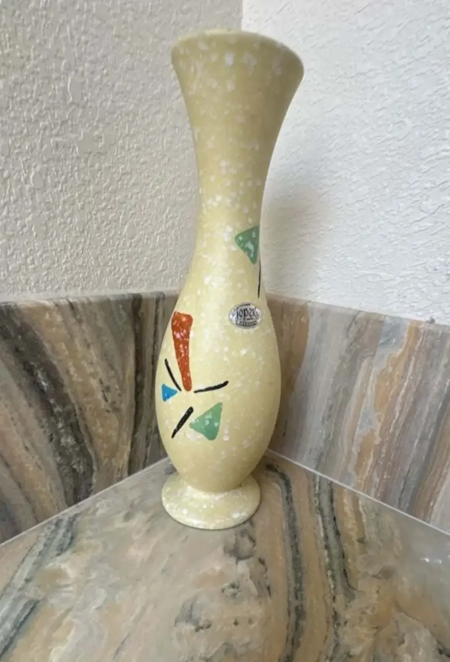 Jopeko Keramik Mid Century Ceramic Vase Yellow Speckled & Geometric Shapes